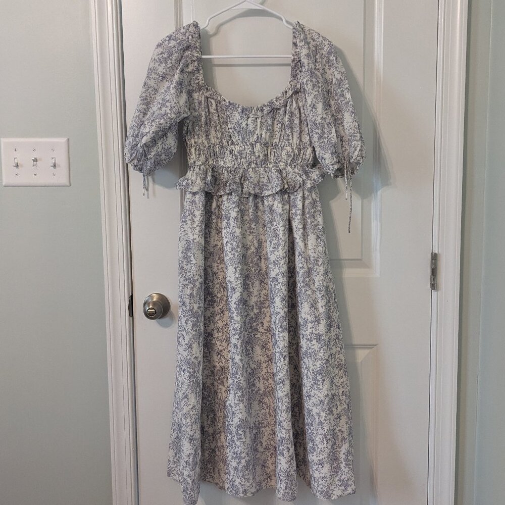 Moodie Floral Midi Dress in Blue and White